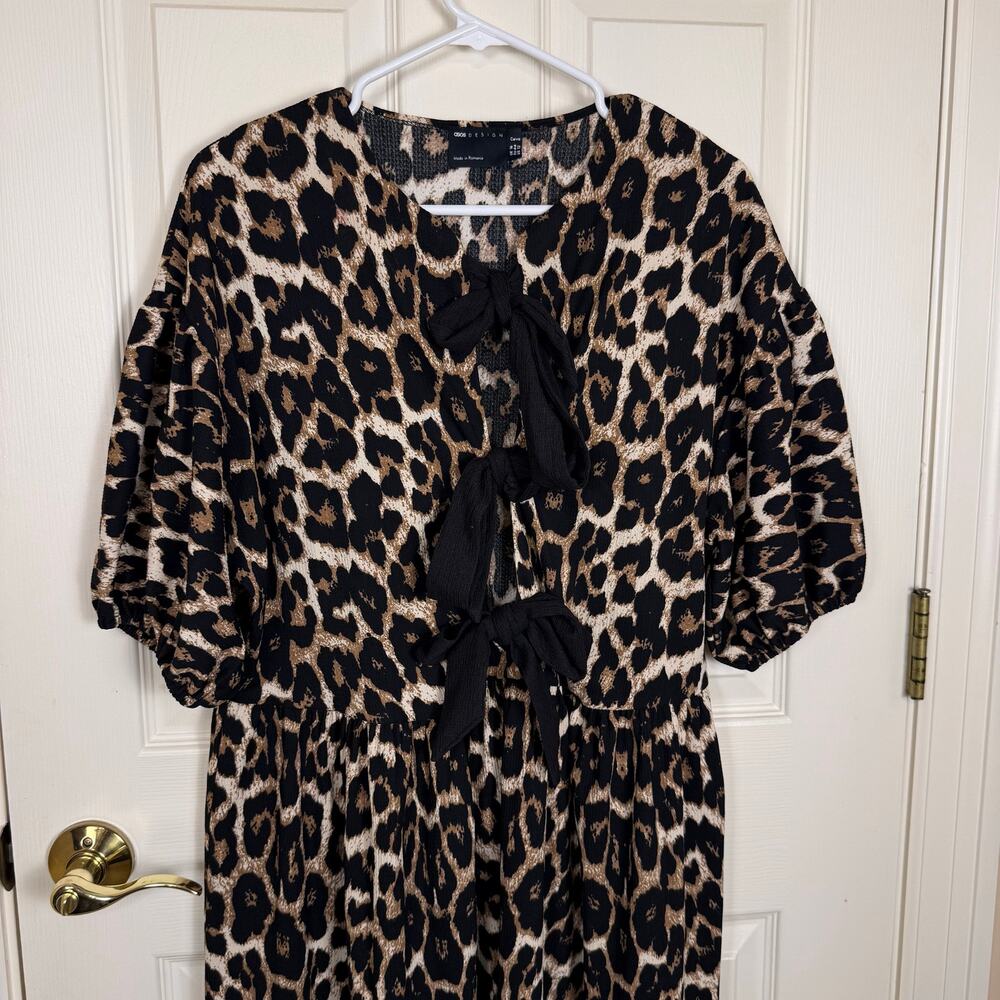 ASOS DESIGN Puff Sleeve Tie Front Maxi Dress in Leopard Print Size 12 EUC - Picture 3 of 6